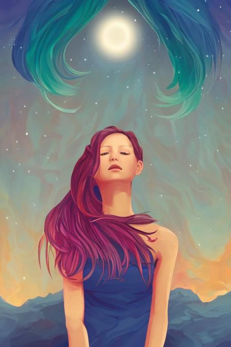 tarot card style, 1 girl, solo, portrait , digital illustrated,  flowing hair, glowing rainbow hair,     night,  red_moon, looking at the camera , looking_at_viewer, ring lighting, rim lighting, trending on artstation,  wlop,  dsktaro1