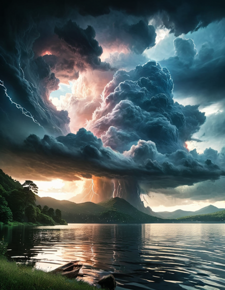 magical realism art designed by Alfonso Cuaron, Anime, side view shot of a Old ral-drkatmsphr, background is lake, Thunderstorm, Panorama, ultrafine detailed, Hopeful, F/8, four colors, manga, <lora:ral-drkatmsphr-sdxl:1.1>, magical composition, enhanced quality, delicate, dramatic, advanced cinematic perfect light