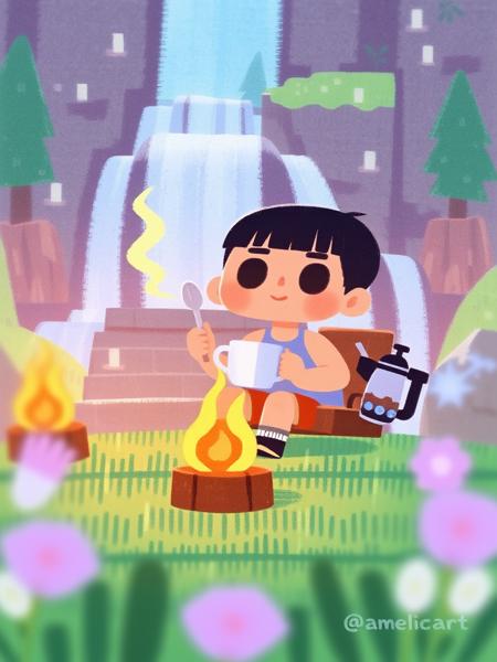 AMELICART. masterpiece, best quality,high detailed. A vibrant, digitally-rendered waterfall, holding utensils, fire, sitting, no_sleeves, shirt, holding_object, food, official art, holding spoon, brown_sleeves, animal ears, blue shirt, 1boys, coffee_pot, day, outdoors, full_body, open mouth, bangs, sfw, grassy field, toy boy, short hair, brown shorts, sitting on chair, water, 3d, original character, shorts, white jacket, blurry foreground, trees, holding food, brown pants, jacket, cup, blurry, character name, brown eyes, brown_hair, nature, toy, field, holding tea cup
