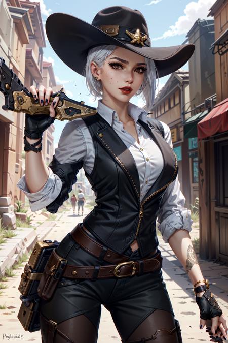 AsheOver, 1girl, cowboy hat, solo, hat, makeup, mole above mouth, gloves, lipstick, red lips, fingerless gloves, mole, earrings, jewelry, breasts, white hair, looking at viewer, gun, cowboy shot, eyeshadow, red eyes, belt, arm up, short hair, hand on headwear, shirt, weapon, day, bracelet, medium breasts, outdoors, holster, standing, nail polish, white shirt, vest, black gloves, lips, mascara, blurry, parted lips, medium hair, thigh strap
<lora:epi_noiseoffset2:1>,  <lora:AsheOver:0.7>