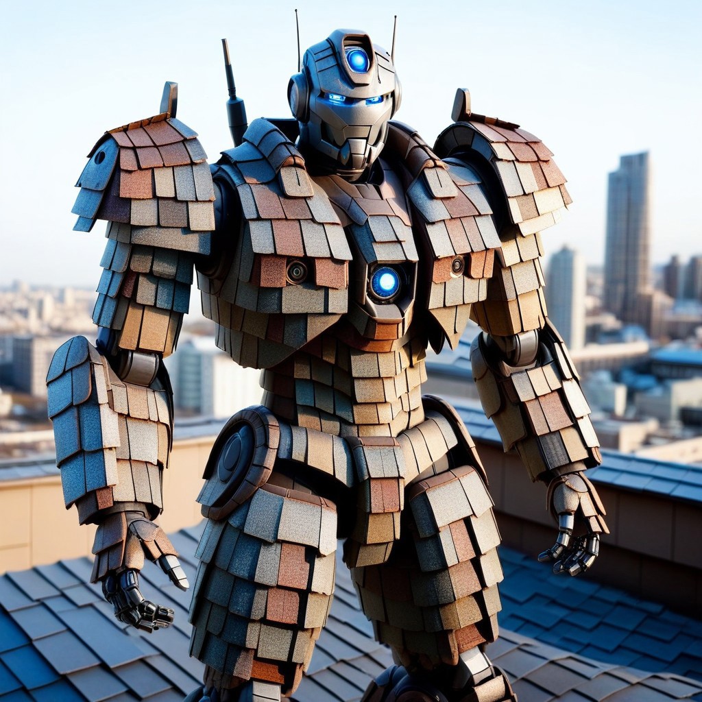 mad-shingles, mecha, robot made out of Roof Shingles, no humans, science fiction, solo, city background, standing, clenched hands, mobile suit made out of Roof Shingles, looking at viewer, blue eyes, glowing, full body, glowing eyes, fusion, redesign, straight-on, realistic, machinery, arms at sides, looking ahead, reflection, armor made out of Roof Shingles, city background, holding chocolate's