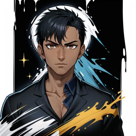 (masterpiece, best quality:1.1), pxint, 1boy, male focus, serious face, looking at viewer, atticus, dark-skinned and ebony, black hair, buzz cut, navy blue suit, brown eyes, prominent cheekbones, detailed eyes, portrait, flowing, with a splash of paint, (abstract:0.8)