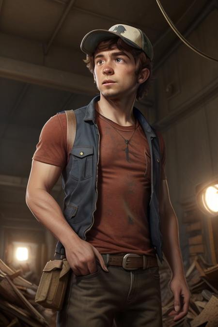 dipper_pines, muscular, stubble, goatee, cowboy shot, khaki baseball cap, vest, a wrench is sticking out of a pocket, brown eyes,  alarmed, view from below, looking to side, red shirt, abandoned facility, holding mechanical flashlight, wires, antenna, blue electrical tape,   Clutter-Mechanical,   <lora:add_detail:1>,  <lora:dipper_pines:0.65>