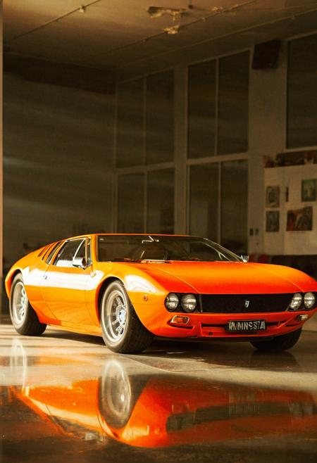 analog film photo (Sportscar gleaming orange DeTomaso Mangusta, front view, indoors), white neon lights, (stylish, film grain:1.3) . faded film, desaturated, 35mm photo, grainy, vignette, vintage, Kodachrome, Lomography, stained, highly detailed, found footage