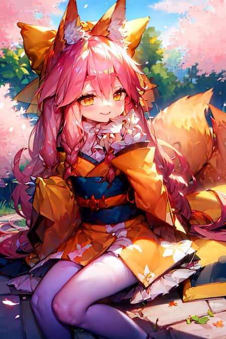 yu zao qian,1girl,animal ears,solo,fox ears,japanese clothes,animal ear fluff,looking at viewer,sash,kimono,smile,blush,hair between eyes,wide sleeves,obi,sleeves past wrists,blue sky,on ground,flowering cherry,<lora:yu zao qian_çè»è¾èäº:1>,blue sky,on ground,flowering cherry,, (masterpiece), (best quality), HDR, intricate detail,