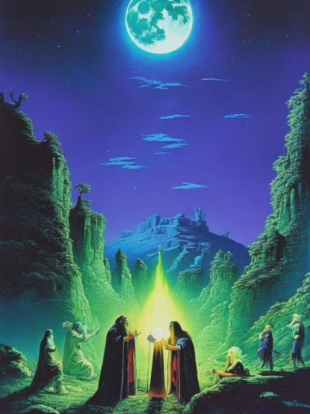 <lyco:RichardCorben:1.0> druids performing a ritual on a moonlit night by Richard Corben