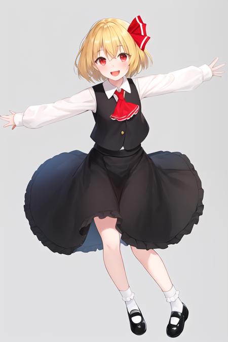 masterpiece, best quality, highres, solo, {rumia_touhou:1.10}, blonde_hair, ribbon, short_hair, hair_ribbon, red_eyes, vest, smile, red_ribbon, ascot, open_mouth, 1girl, :d, black_skirt, black_vest, long_sleeves, looking_at_viewer, red_ascot, shirt, shoes, skirt, socks, white_shirt, white_socks, black_footwear, full_body, mary_janes, outstretched_arms, simple_background, spread_arms, white_background, bangs, frills, skirt_set