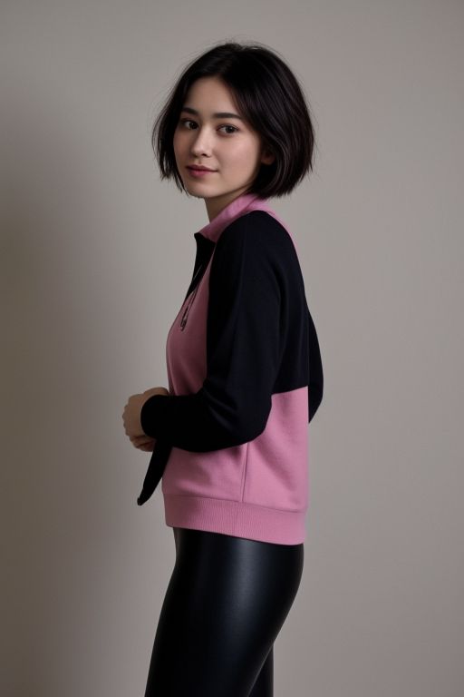 Woman, very attractive, 18 Years old, Asian, Korean, Japanese, Skinny, Pale skin, small rounded breasts, pert nipples, Skinny thighs, Small ass, Seductive smile, Happy, large eyes, full red lips, Long eyelashes, Black and Blue hair, Gradient hair, Bob cut, Messy hair, tight shiny pink leggings, white skin tight sport bra, Seductive pose, Studio light, photorealistic, 4K