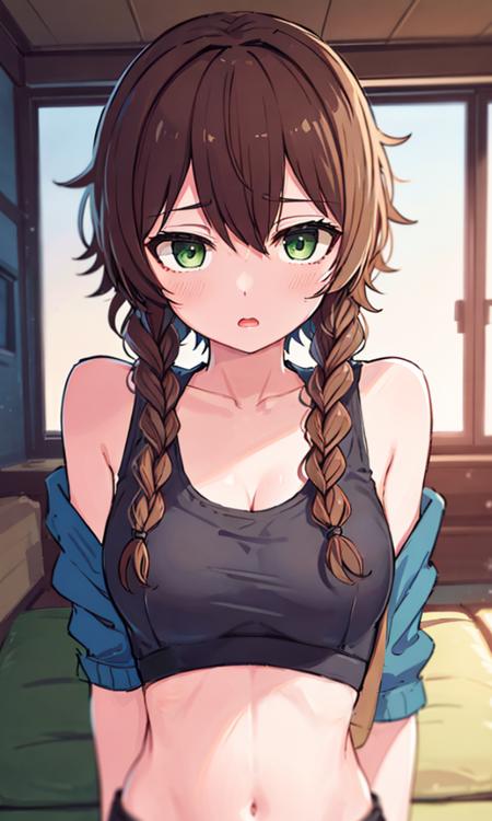 masterpiece, extremely detailed landscape, extremely detailed environment, extremely detailed beautiful face, kahlua, 1girl, amane suzuha, twin braids, brown hair, green eyes, crop top, jacket, sports bra, looking at viewer <lora:kahlua_safetensors:0.8>