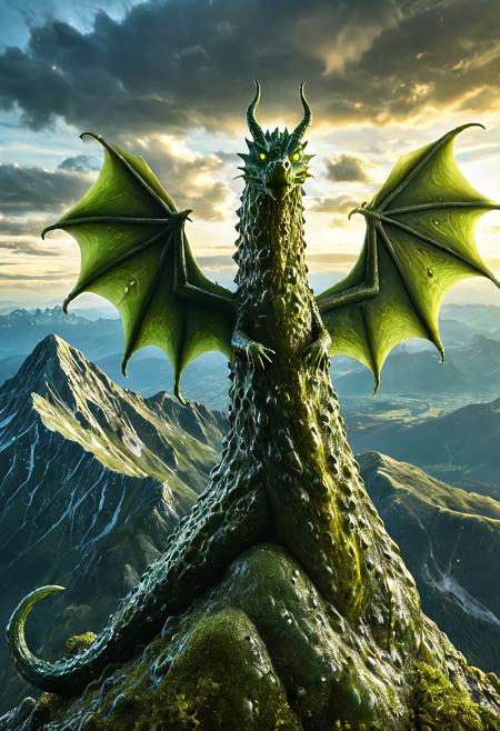 , dvr-pckl, mighty fantasy dragon with glistening pickle-scale skin, wrinkled bumpy textures, deep green hues with golden highlights, glowing eyes, majestic pose on mountain top, atmospheric lighting, ultra texture realism, dramatic sky, fantasy illustration in 8k
