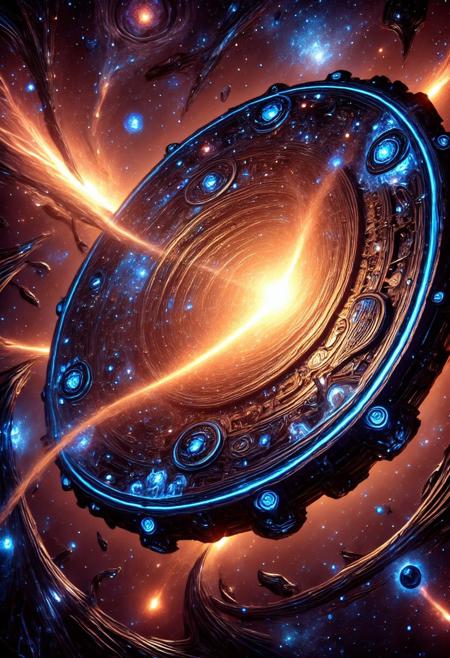 F@nt@sy CFH, BMStyle, Anime, A vast, swirling cosmic landscape unfolds, with intricate, biomechanical tendrils spiraling into glowing, fiery vortexes that bend time and space. The metallic surface of the tendrils is covered in countless tiny, orb-like structures, each pulsing with energy, engraved with alien symbols and patterns. The void between the tendrils flickers with bursts of orange light, illuminating the endless, twisting tunnels that seem to lead into unknown dimensions. The entire scene vibrates with an ominous, otherworldly hum, as if the universe itself is being torn apart and reshaped into something unfathomable and terrifyingly beautiful.