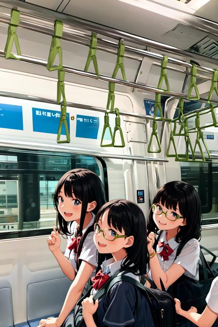 masterpiece, best quality, ultra-detailed, illustration,
E235, train interior,
multiple girls,teenage,glasses, black hair, blouse, short sleeves, pleated skirt, school bag, smile, happy, laughing,