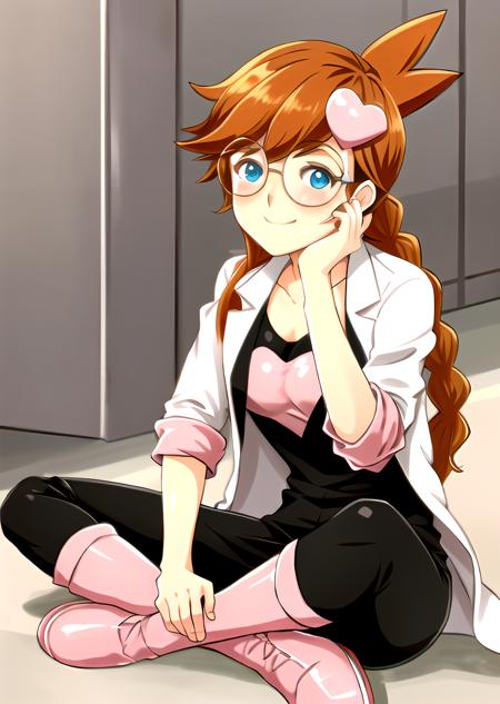 1girl, solo, long hair, blush, smile, blue eyes, hair ornament, sitting, closed mouth, full body, ponytail, braid, heart, pantyhose, boots, glasses, orange hair, twin braids, freckles, head rest, round eyewear, heart hair ornament, labcoat, pink footwear, indian style,coverted_nipples
<lora:penny_crygor-08:0.9>