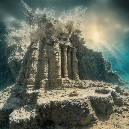 photo, high contrast, underwater, cinematic,  detailed, ocean bottom  dramatic light, (((masterpiece))) ,  BREAK
stormy sea  BREAK
(underwater sandstoneold cathedral temple ruins:1.3), greek columns,( sculpture of athena:1.3), ocean reef rocky cliffs ocean bottom, texture sand dark cracked sandstonenatural boulders cracking    <lora:sandstonenatural-soft:0.35> 
 <lora:sandstoneold:0.1>