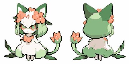 cat with flower hat and eye mask green pokemon white background front and back pixel art