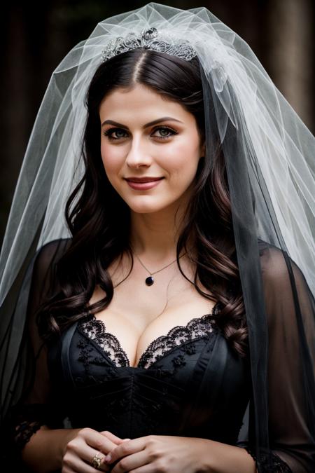 still from a horror movie directed by tim burton starring alexandradaddario  wearing a black full-length victorian wedding dress and black wedding veil, (cleavage:1.3), smiling, demure, looking up at the camera,dark, atmospheric, mist, best quality masterpiece, photorealistic, detailed, 8k, HDR, shallow depth of field, broad light, high contrast, backlighting, bloom, light sparkles, chromatic aberration, sharp focus, RAW color photo, <lora:alexandradaddario:0.8><lora:epiNoiseoffset_v2Pynoise:1.0>