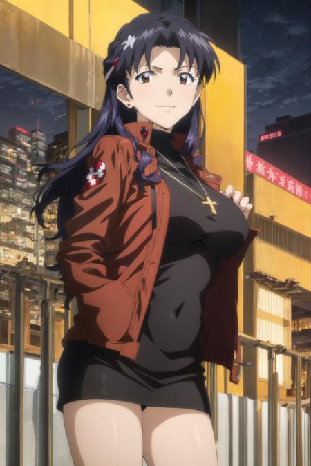 katsuragi misato, 1girl, brown eyes, purple hair, long hair, cross necklace, parted bangs, large breasts, red jacket, open jacket, miniskirt, black dress, jacket, earrings, outdoors, cityscape, looking at viewer, smile, anime coloring, night,