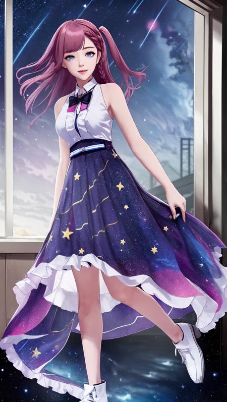 ((masterpiece)),(((bestquality))),((ultra-detailed)), asta,full body, looking at viewer,1girl, solo, shirt, blue eyes, bow, braid, sleeveless, sleeveless shirt, smile, long hair, looking at starry sky, black bow, skirt, bowtie, hair ornament, one side up, white shirt, bangs,bare shoulders, window, collared shirt, pink hair, frills, medium breasts, side braid, black bowtie, hair bow ,<lora:asta_20230706130251:0.6>, (very very beautiful starry sky:1.2),starry sky, (very very detailed eyes:1.2)