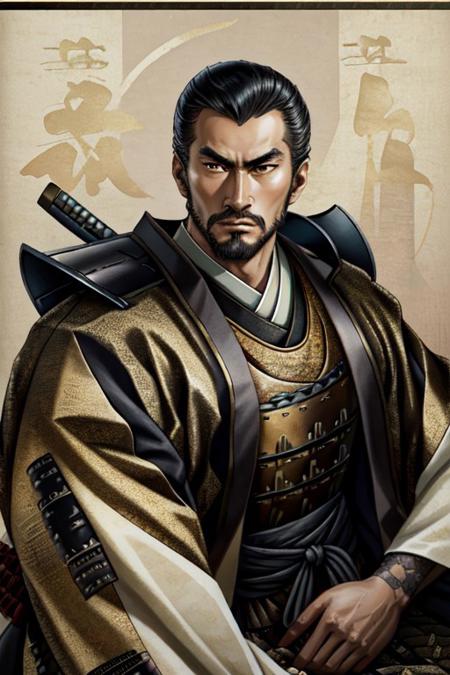 perfect anatomy, perfect proportions, best quality, masterpiece, high_resolution, high quality, art deco poster, a portrait of an Asian man, japanese clothes, ink drawing, inkwash, samurai, ronin, samurai armor, blood, (facial hair, stubble), looking at viewer, eye contact, vibrant, vivid, mature, masculine, handsome, charming, alluring, stardom, glamorous, aesthetic, absurdres, retro, old fashioned, background of fabric with black&gold&tan art-deco abstract geometric patterns, old technicolor film style, film grain, aged film stock, insanely detailed, masterpiece, extraordinary achievement, award-winning, expressionist