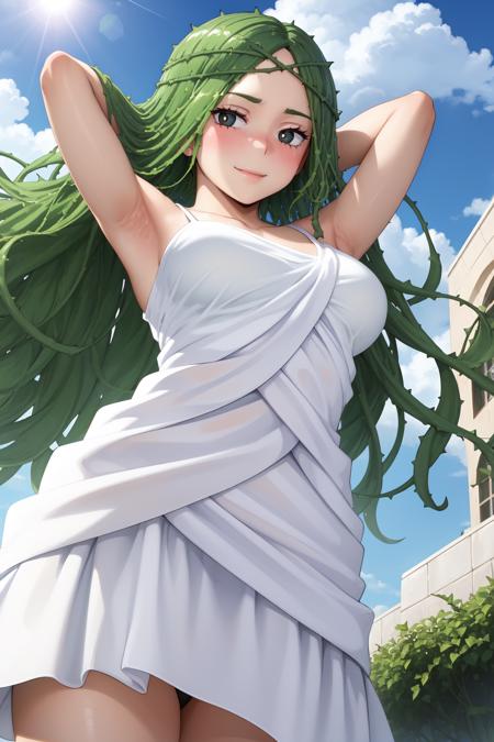 Ibara, 1girl, solo,   black eyes, black pupils, looking at viewer, closed mouth, breasts, large breasts, hourglass body,  cowboy shot, dress, bare shoulders, blush, (plant girl:1.3), white dress, arms behind head, arms up, armpits, collarbone,hands in hips, smile, off shoulder,  outdoors, day, clouds, school, buldings, sunshine, city, green hair, very long hair, (thorns hair:1.2), (from below:1.3),
 <lora:Ibara:0.8>