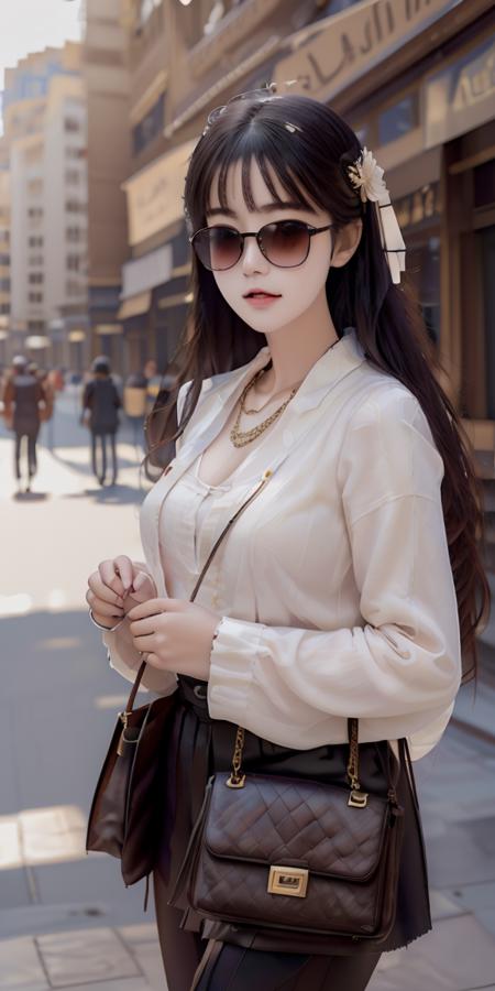 masterpiece,highres, highest quality,intricate detail,best texture,realistic,8k,soft light,perfect shadow, sunny,modern city,crowding street,stores,shopping,falling leaf, portrait,erjie,1girl,fasion,big gold necklace,famous watch, cigar,sunglasses,thumb up,walking,Luxury, street shot,