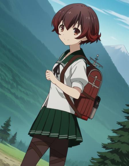 mutsuki, short hair, brown hair, brown eyes, red hair, multicolored hair, gradient hair, mutsuki (kancolle) skirt, school uniform, pantyhose, pleated skirt, serafuku, sailor collar, neckerchief, black pantyhose, green skirt, green sailor collar,