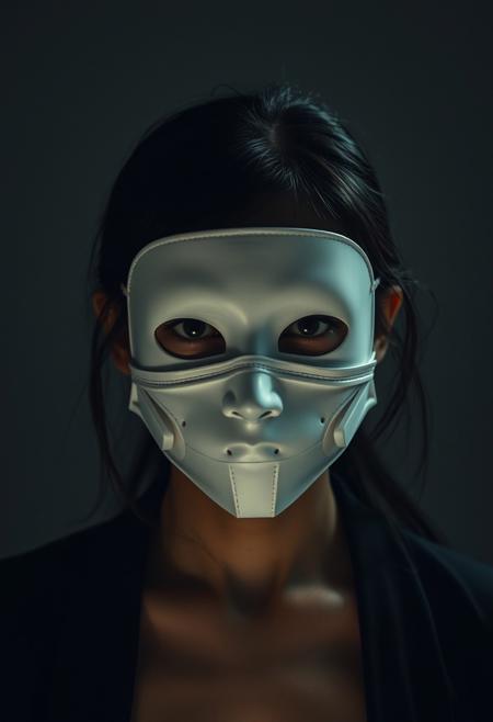 An Asian woman wears a porcelain mask with exposed wires and technological elements underneath, captured as a haunting photograph using a full body shot, under the dim,she is angry.Full body visible.