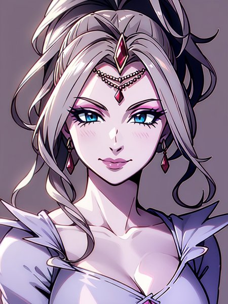 Krystalinda light-purple skin unkempt ponytail ruby hairclip circlet earrings  shoulder chain skyblue corset jumpsuit with sleeves gray corset jumpsuit with sleeves purple cape with feathers on the shoulders bridal gauntlets high Heels boots floating christmas outfit flower on hair
