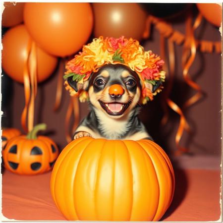 A cute Polaroid photograph capturing a baby miniature pinscher at a colorful halloween party. The miniature pinscher is sitting in front of a pumpkin, wearing a clown wig with bright colors and a clown nose. Orange and black Balloons and streamers decorate the background, with a festive atmosphere. The dog’s expression is joyful, its mouth open in delight as if it’s excited about the celebration. The Polaroid photo has a slightly faded, vintage look, with soft edges. The colors in the image are vibrant but slightly washed out, giving it a nostalgic, heartwarming feel, as though it’s a cherished memory from a fun party.
