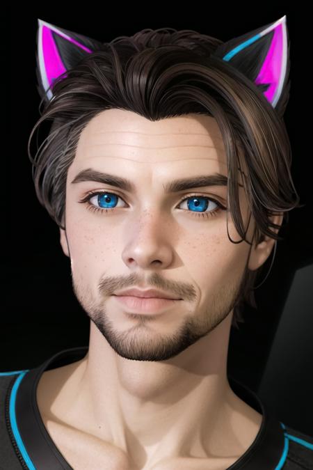 <lora:Maverick%20Ellis%20Rowe:.7> solo, male focus, animal ears, 1boy, blue eyes, cat ears, looking at viewer, freckles, stubble, brown hair, facial hair, neon futuristic, octane render, cinematic lighting, dynamic angle,