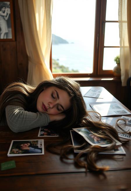 In a cosy rustic house with a window overlooking the coast, is an old oak table, filled with memories and love. The breeze blows the curtains gently, and the sunlight seems to trace its way carefully through the photos. A young woman sleeps resting her head on the table, her hair spread out on the table. (freckles on her nose, long hair, brown hair, expressive blue eyes, soft pale skin.)