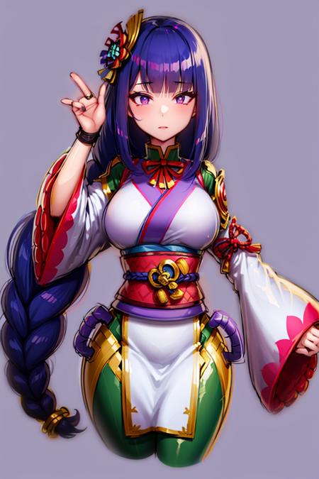 (hhips,handles on hips:1.5), <lora:handles1-000099:1.0>,1girl, blunt bangs, braid, wide sleeves, hair ornament, japanese clothes, red obi, (purple hair:1.2), very long hair, straight hair, looking at viewer, highly detailed background, latex<lora:raidenShogunRealistic_raidenshogunHandsfix:0.4>