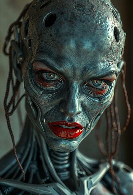 (highres, masterpiece:1.3), SHARP, CRU, HDR, 32K, ultra detailed, realistic, intricated, full body picture of a gorgeous biomechanical zombie realistic woman, red lips, highly detailed and textured, dutch angle, very realistic and impressive, fantastic dramatic color.
