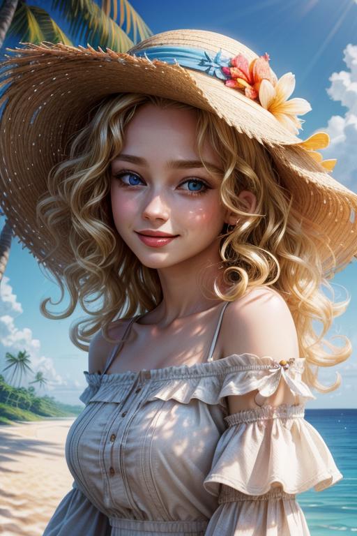 A beautiful, blonde, blue-eyed woman in a straw hat.