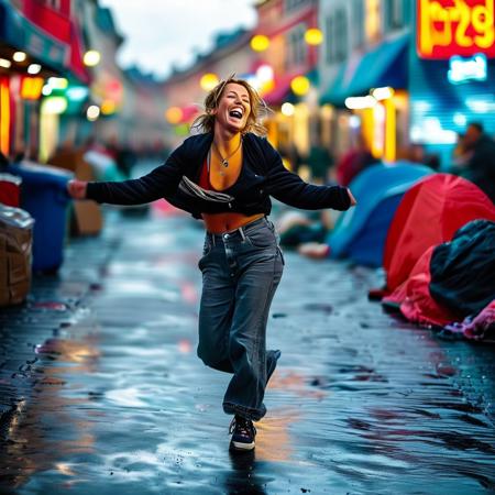 poor homeless   female  20yo, in street , dancing of joy