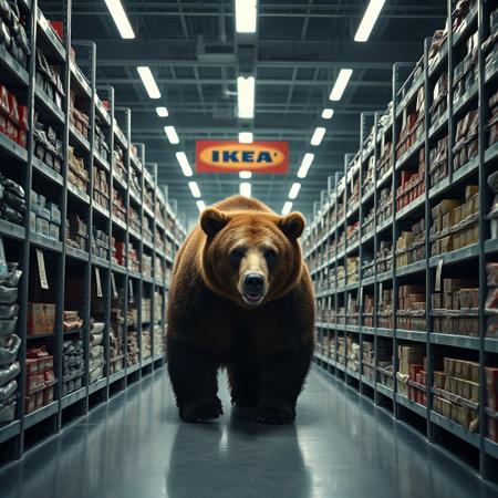 A grizzly bear is lost in endless IKEA., liminal space, eerie, dramatic, high contrast, highly detailed, cinematic color grading.