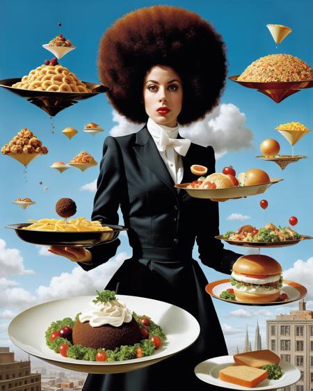 a woman with a very large afro hair, Business & Industrial > Food Service > Disposable Serveware floating in the air:1.3, Alice Prin, surreal photography, a surrealist painting, art photography, promotional image, a hyperrealistic painting, hyperrealism, panfuturism , <lora:Photo_Fantasy:0.8>