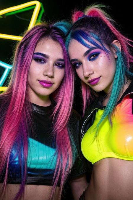score_9, score_8_up, score_7_up, score_6_up, two beautiful 19 year old girls, colored hair, neon lights, rave, rave clothing, crowd, nighttime, dusk, smiling, ultra realistic, big lips, (masterpiece, best quality, highres:1.2), (photorealistic:1.2),
