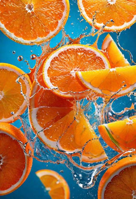 Captivating close-up shot of fresh orange slices, with a dynamic splash of vibrant orange juice adding a sense of energy and movement to the frame. The image highlights the intricate texture and deep, warm orange color of the fruit's skin, set against a vibrant orange color tone. This high-speed photograph captures the beauty of the oranges in stunning detail, showcasing the allure of fresh fruit and the artistry of food photography.