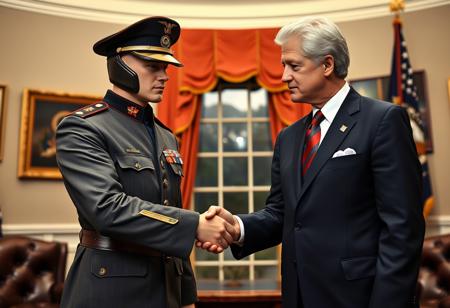 classic cobra commander in an immaculate military dress uniform posing for photo shaking hands with president clinton of the united states in sharp suit inside the oval office, real photograph, infusion of gi joe and ww2 german style, photorealistic, correct hands, correct fingers, presidential seal, vote button, campaign photo, election, elegant scene, cobra tattoo, cobra insignia