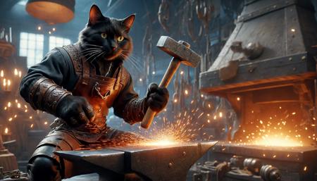 Photograph of  disney animation, blacksmith cat, hammer in paw,
 (masterpiece), (best quality:1.2), intricate details, (highly detailed skin:1.2),
intricate details, 8k post production, high resolution, hyper detailed, trending on artstation, sharp focus, studio photo, intricate details, highly detailed,  , captured on a (Hasselblad X1D II 50C)