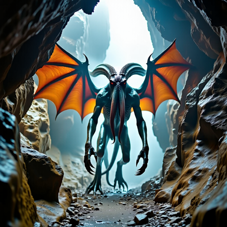 a raw HDRI high resolution photograph, taken in a foggy rocky cave, of a cthulhu monster coming out of an interdimensional gate. The cthulu monster has wings and features of a squid.