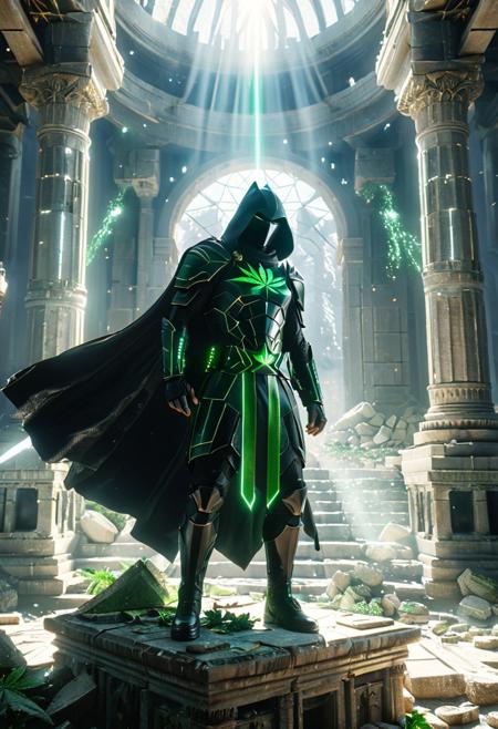 epic a hooded dark knight with hood, standing atop a ruined temple, sunbeam, dynamic pose as if mid-battle, shattered stone debris at his feet, cinematic volumetric lighting, hyper-realistic marble texture, 8k resolution, dramatic shadows, Unreal Engine 5 rendering, cool, shining, 420futurism, <lora:420FuturismXL:0.8>