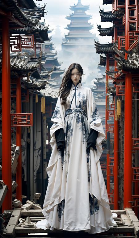 (dramatic, gritty, intense:1.4),masterpiece, best quality, 8k, insane details, intricate details, hyperdetailed, hyper quality, high detail, ultra detailed, Masterpiece, elaborate HanfuHanfu, (Chinese architecture:1.5)
 stands amidst a bustling metropolis' futuristic architecture.  This full body shot for Vogue, captured by Andreas Gursky, melds tradition and modernity <lora:elaborate Hanfu_20230808075428-000010:1>