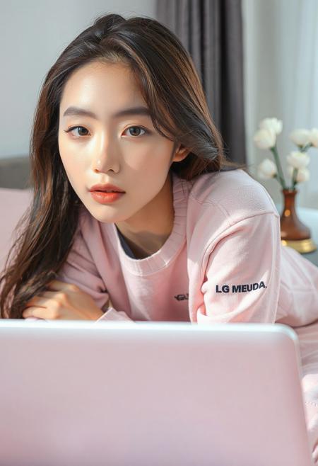 DSLR-style, slender, elegant 26-year-old Korean model, translucent pale skin with natural texture, soft shadow on cheek, diffused daylight from side, parted lips, masterpiece, ultra high-res  
<lora:NOOB_vp1_detailer_by_volnovik_v1:1>
barely visible pores, subtle skin texture variation, translucent skin tone, full body. 
"A young woman with long, wavy brown hair is lying on her stomach on a pink bed, propped up slightly with a pillow. She is wearing a light pink sweatshirt with black text on the sleeves and a light blue garment underneath, She is looking directly at the viewer with a soft expression. In front of her is a white laptop with an LG logo visible. Behind her, to the right, is a brown and gold vase holding artificial white flowers, and a glimpse of a dark grey curtain. The background is a plain white wall."
) (masterpiece:1.4), (