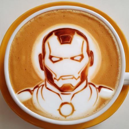 Create a high-resolution, top-down image of a latte in a classic ceramic cup. The focal point is the intricate latte art on the surface of the coffee, skillfully created to resemble Iron Man's iconic helmet. The frothy milk is perfectly steamed to a smooth, creamy consistency, with the rich, dark espresso artfully swirled into a detailed representation of the helmet, complete with the contrasting shades that highlight the facial features, glowing eyes, and the arc reactor on the forehead. The cup sits on a rustic wooden table, and there's a subtle steam rising from the surface of the coffee, indicating its warmth. The lighting should be soft and warm, enhancing the cozy ambiance and the craftsmanship of the latte art. <lora:latte_art:0.8>