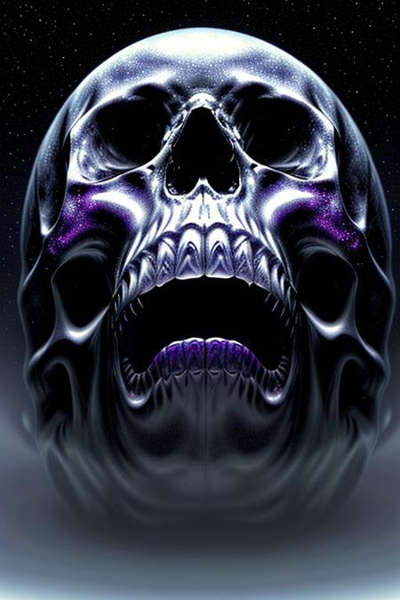 A close-up photorealistic image of a crystallic floating skull facing the viewer with its mouth open, pouring from it's mouth a shimmering liquid resembling the universe onto the ground, filled with rich stars and swirling galaxies. A simple void background enhances the dark atmosphere, shrouded in fog, capturing the hypnotic flow and shimmer of the cosmic liquid