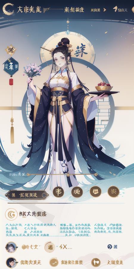 Game interface,Chinese style,buttons,return,tabs,logo,1Girl,Chinese clothing,solo,black hair,hair accessories,long hair,dress,wide sleeves,half body,flowers,gilded,gold-plated pattern,full screen,high-definition,exquisite,
<lora:huanqing_å½é£è§è²çé¢:1>,