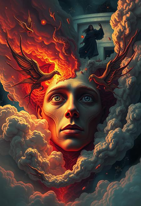 A vivid digital art piece depicting the dreams of a schizophrenic