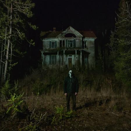 a strange person standing in front of a run down house in the middle of a forest at night, brscprk_01  <lora:brscprk_01-000010:0.6>  scary, horror , flash camera lighting on the person